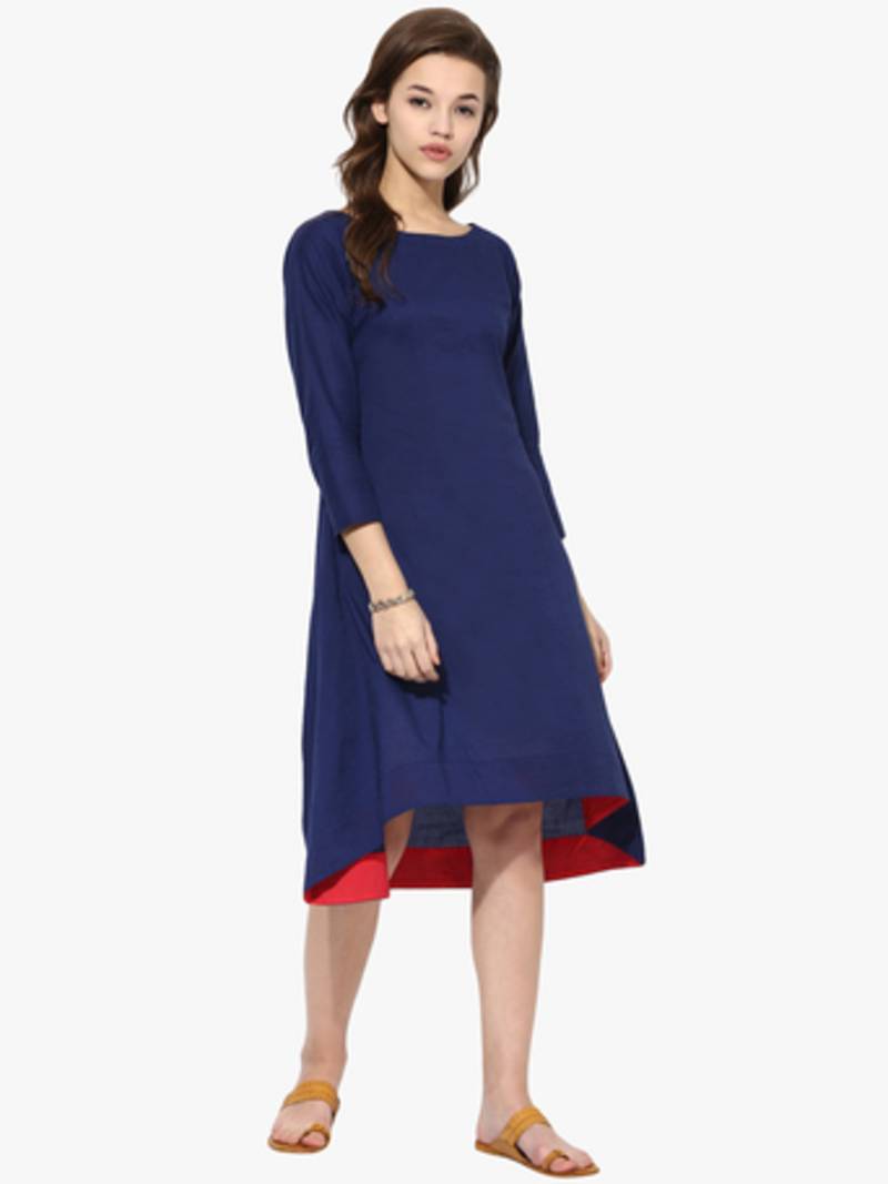 Blue Cotton plain stitched kurti