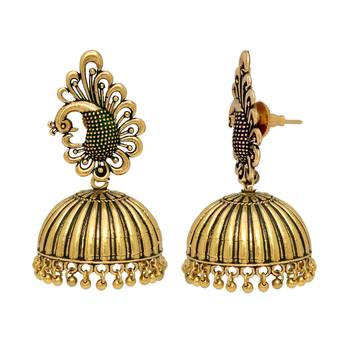 Peacock Inspired Oxidised Gold Plated Jhumka Earrings For Girls & Womens 2