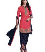 Pink Printed cotton unstitched salwar with dupatta