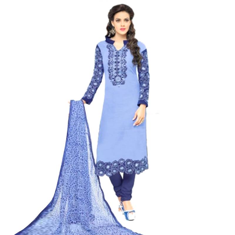 Blue color cotton embroidered Unstitched Dress Material 
