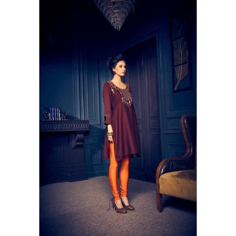 Brown Viscose Rayon Embroidered Peplum Alia Cut Short Kurti