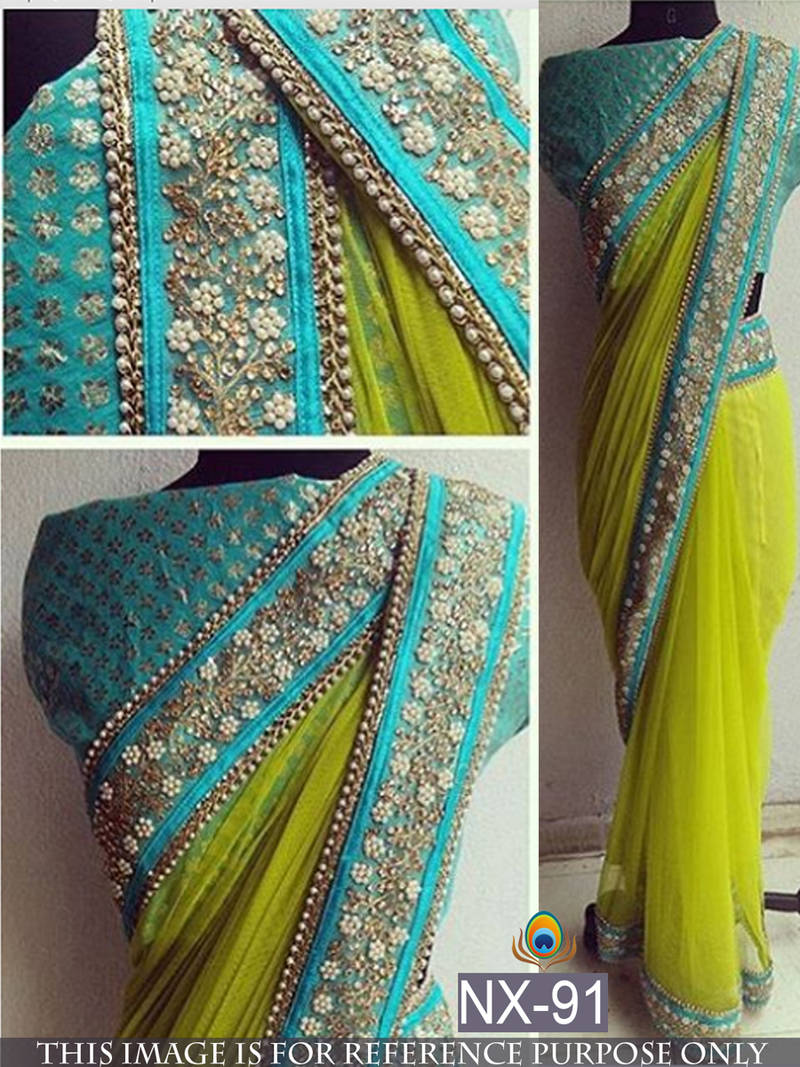 Light Parrot Green Embroidered Net Saree With Blouse