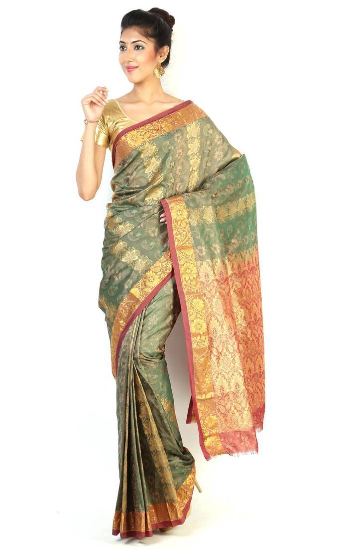 Sudarshan silks Pure Silk  Kanjeevaram Hand women Saree-Green-RRAN47-VS-Silk