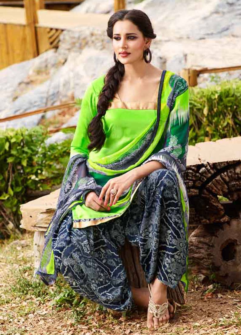Parrot green printed cotton unstitched salwar with dupatta Rudra