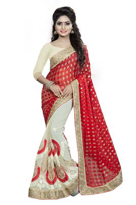 Trendmalls red embroidered brasso saree with blouse  1