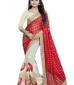 Trendmalls red embroidered brasso saree with blouse 