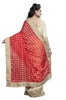 Trendmalls red embroidered brasso saree with blouse  2