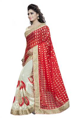 Trendmalls red embroidered brasso saree with blouse  3