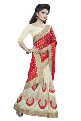 Trendmalls red embroidered brasso saree with blouse  4