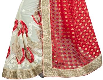 Trendmalls red embroidered brasso saree with blouse  5