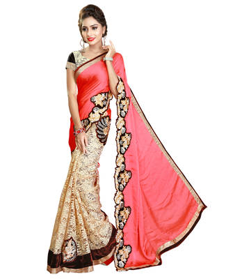 orange embroidered satin saree with blouse 1