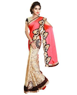 orange embroidered satin saree with blouse 3