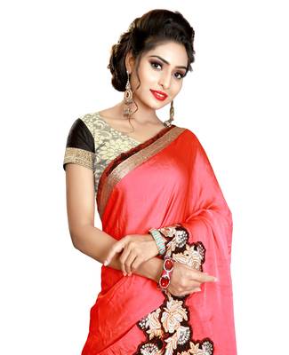 orange embroidered satin saree with blouse 4