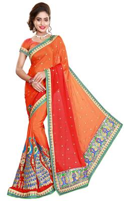 pink embroidered satin saree with blouse 1