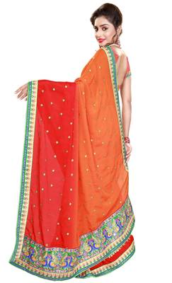 pink embroidered satin saree with blouse 2