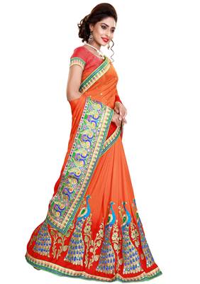 pink embroidered satin saree with blouse 3
