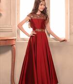 Red color Taffeta Silk Gown with Emroidererd work in neck and belt