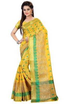 Lemon woven kanchipuram silk saree with blouse 1