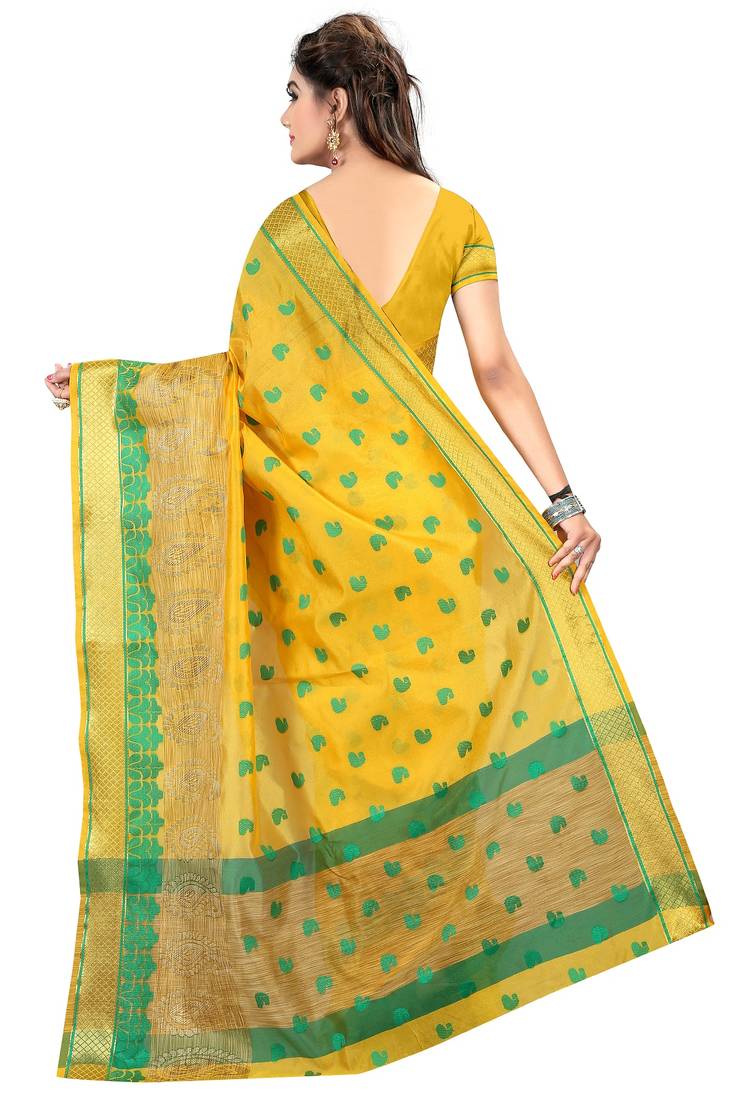 Lemon woven kanchipuram silk saree with blouse