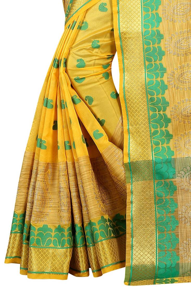 Lemon woven kanchipuram silk saree with blouse
