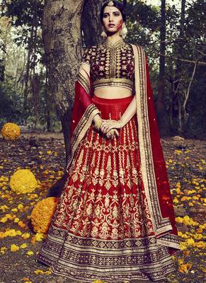 Maroon embroidered dupion banglory silk unstitched bridal lehenga 1