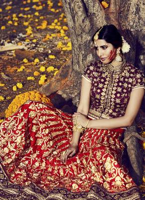 Maroon embroidered dupion banglory silk unstitched bridal lehenga 2
