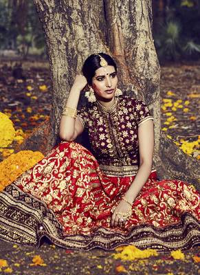 Maroon embroidered dupion banglory silk unstitched bridal lehenga 3