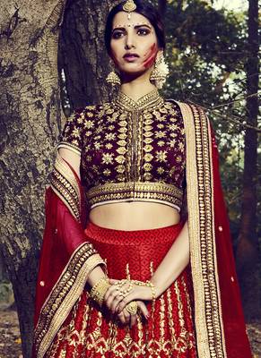 Maroon embroidered dupion banglory silk unstitched bridal lehenga 4