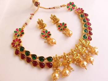 Marvellous multicolor kemp temple jewellery with pearl drops 1