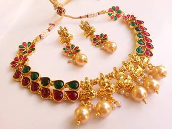 Marvellous multicolor kemp temple jewellery with pearl drops 2