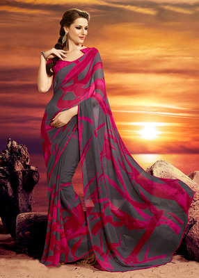 pink saree with grey blouse