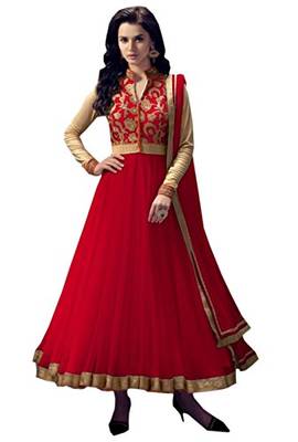 Red embroidered net semi stitched anarkali salwar Kameez 1