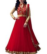 Red embroidered net semi stitched anarkali salwar Kameez