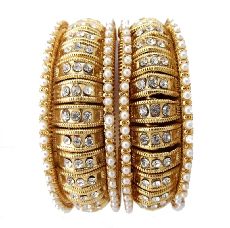 Jodha style broad pearl cz gold plated 2pc bangle kada for women