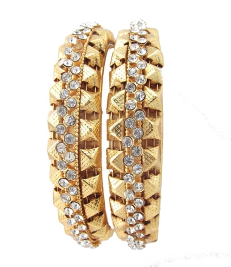 Jodha style unique broad cz gold plated 2pc bangle kada for women