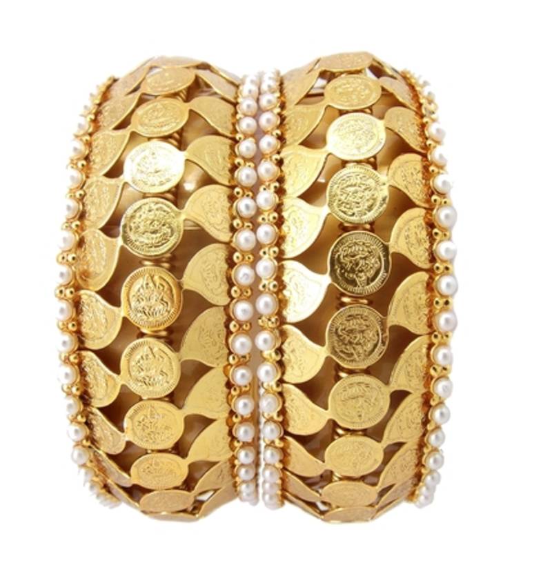 Temple jewelry broad gold plated laxmi design pearl 2pc bangle for
