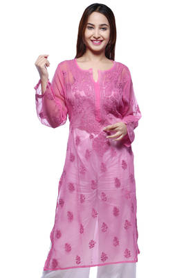 Pink Hand Embroidred Faux Georgette Lucknowi Chikankari Kurti 1