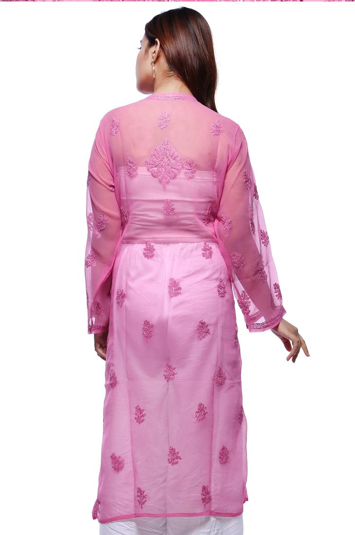 Pink Hand Embroidred Faux Georgette Lucknowi Chikankari Kurti