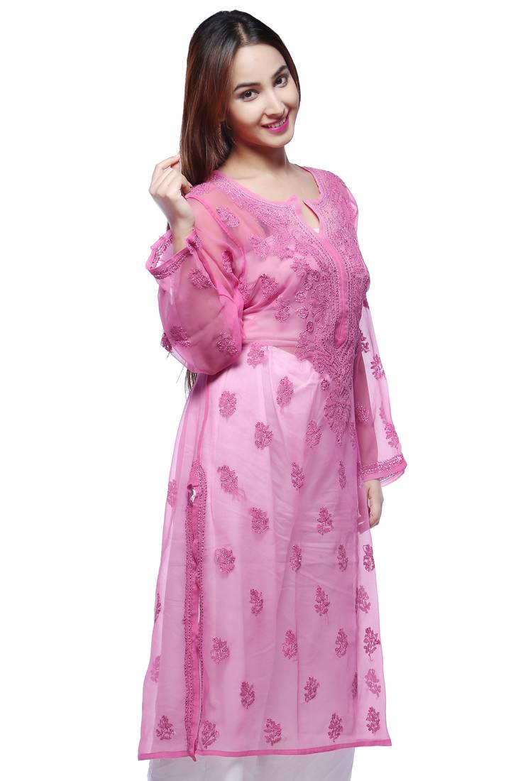 Pink Hand Embroidred Faux Georgette Lucknowi Chikankari Kurti
