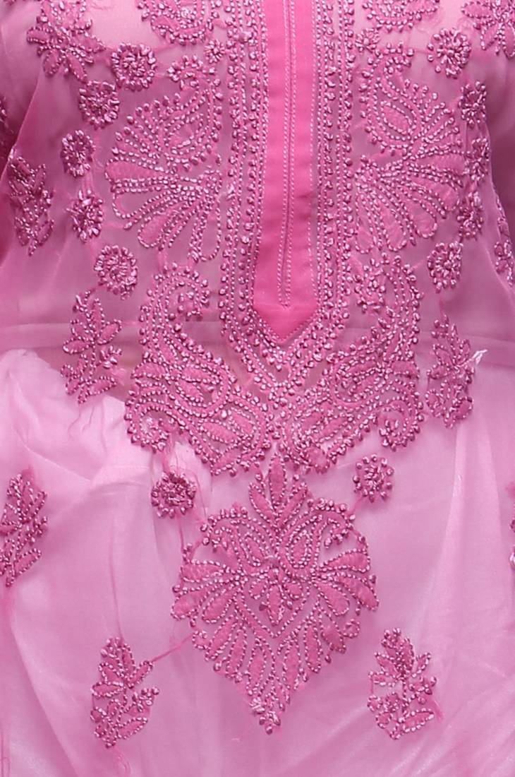 Pink Hand Embroidred Faux Georgette Lucknowi Chikankari Kurti