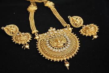 Fine Detailed Goddess Laksmi Long Necklace set in Pearls 1