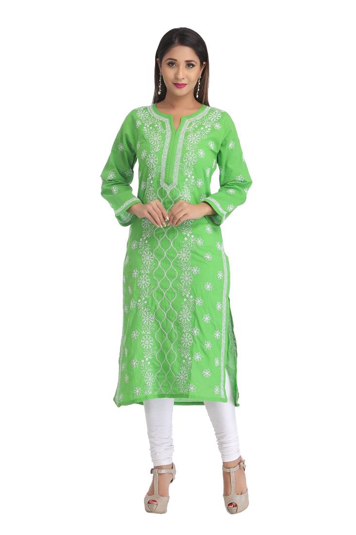 Green Hand Embroidred Cotton Lucknow Chikankari Kurti