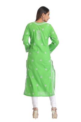 Green Hand Embroidred Cotton Lucknow Chikankari Kurti 3