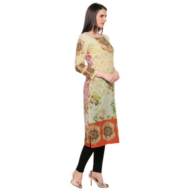 Yellow printed cotton stitched kurti