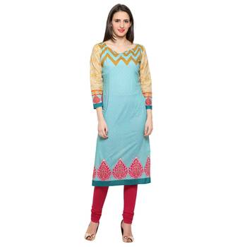 Sky blue printed cotton stitched kurti 1