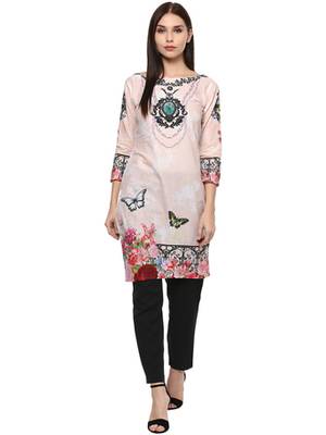 Pink printed cotton stitched kurti 1