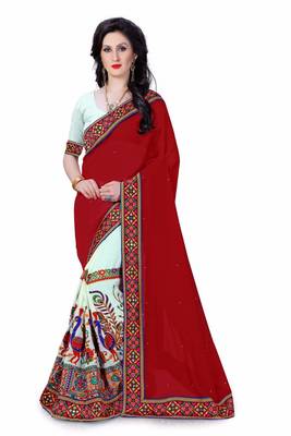 Red embroidered georgette saree with blouse 1