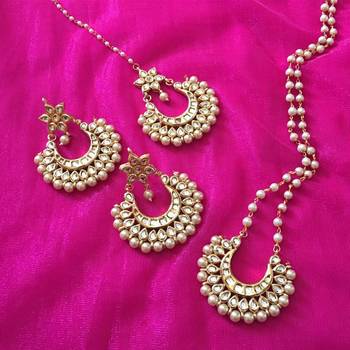 Kundan And Pearls Necklace Set With Earrings And Tikka 1