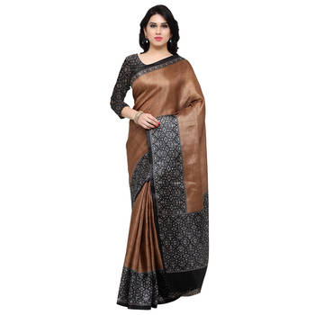 Brown printed tussar silk saree with blouse 1