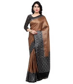 Brown printed tussar silk saree with blouse